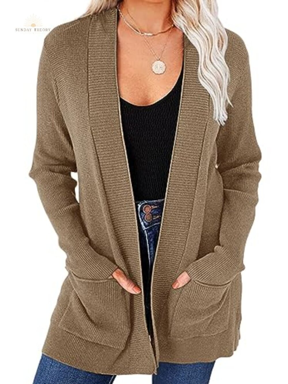 Open Front Lightweight Cardigan Sweater with Pockets Long Sleeve